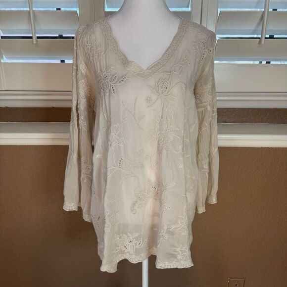 Johnny Was Women's S Bell Sleeve Embroidered Lace Tunic Top Cream Cottagecore - Picture 1 of 9